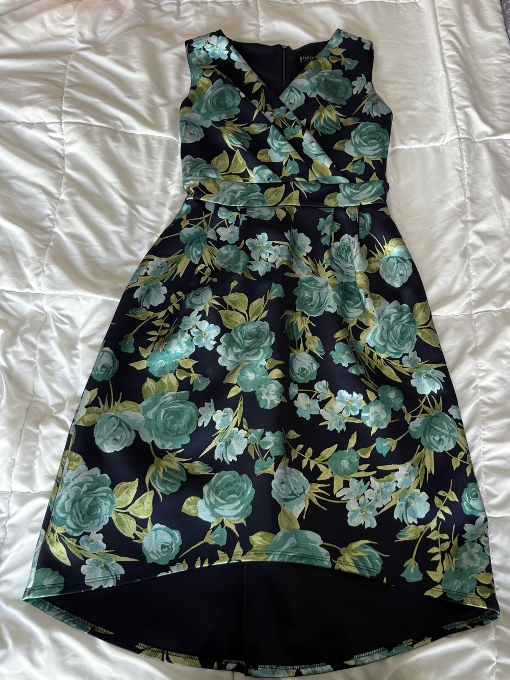 Enfocus Studio Black Dress with Teal and Olive Rose Print, High-Low Hem